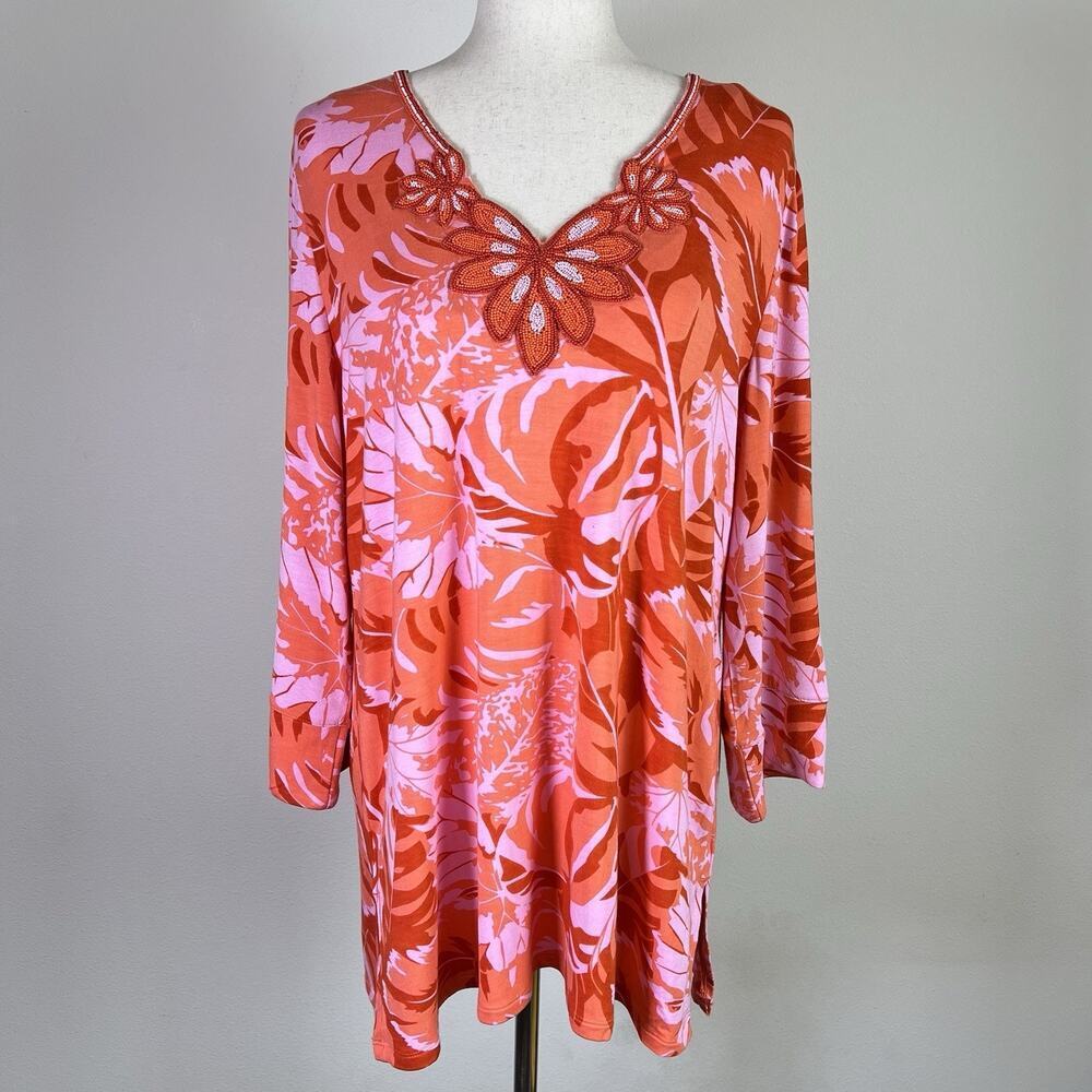 Soft Surroundings Pink/Orange Top Large Beaded Tropical Floral Palms‎ Bright